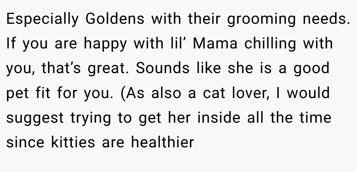 Especially Goldens with their grooming needs. If you are happy with lil’ Mama chilling with you, that’s great. Sounds like she is a good pet fit for you. (As also a cat lover, I would suggest trying to get her inside all the time since kitties are healthier