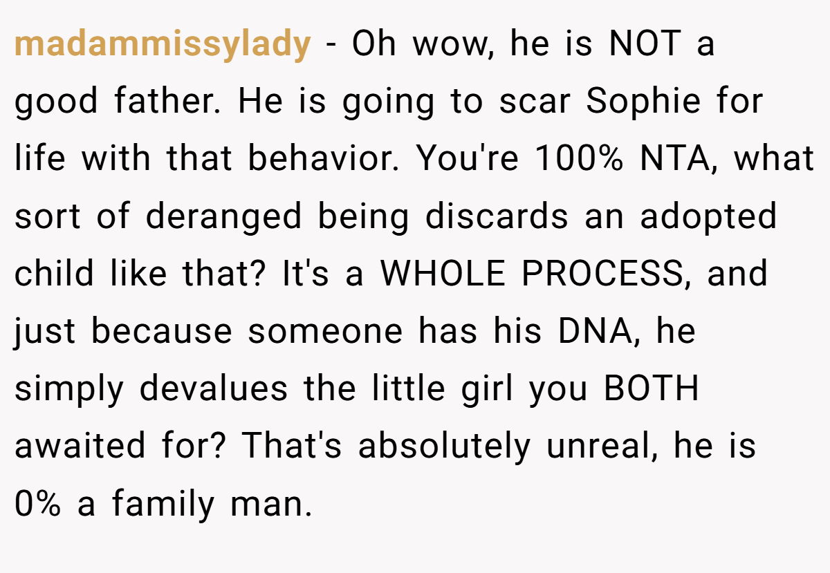 madammissylady − Oh wow, he is NOT a good father. He is going to scar Sophie for life with that behavior. You're 100% NTA, what sort of deranged being discards an adopted child like that? It's a WHOLE PROCESS, and just because someone has his DNA, he simply devalues the little girl you BOTH awaited for? That's absolutely unreal, he is 0% a family man.
