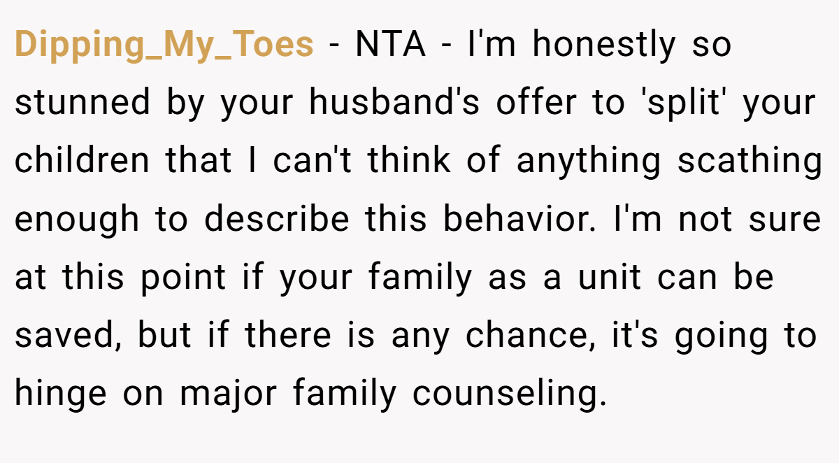 Dipping_My_Toes − NTA - I'm honestly so stunned by your husband's offer to 'split' your children that I can't think of anything scathing enough to describe this behavior. I'm not sure at this point if your family as a unit can be saved, but if there is any chance, it's going to hinge on major family counseling.