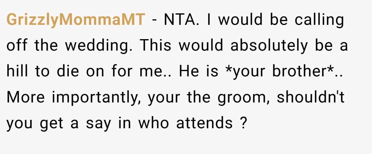 GrizzlyMommaMT − NTA. I would be calling off the wedding. This would absolutely be a hill to die on for me.. He is *your brother*.. More importantly, your the groom, shouldn't you get a say in who attends ?