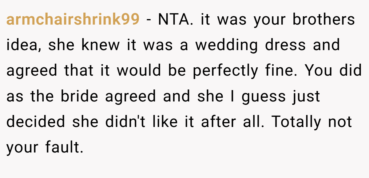 armchairshrink99 − NTA. it was your brothers idea, she knew it was a wedding dress and agreed that it would be perfectly fine. You did as the bride agreed and she I guess just decided she didn't like it after all. Totally not your fault.