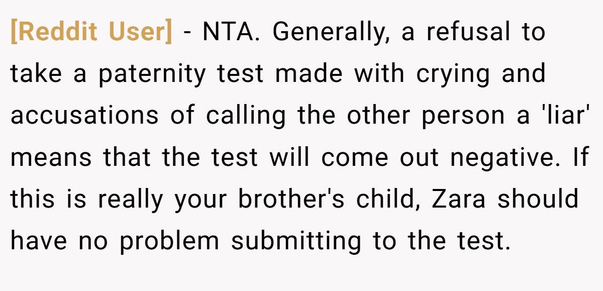 [Reddit User] − NTA. Generally, a refusal to take a paternity test made with crying and accusations of calling the other person a 'liar' means that the test will come out negative. If this is really your brother's child, Zara should have no problem submitting to the test.