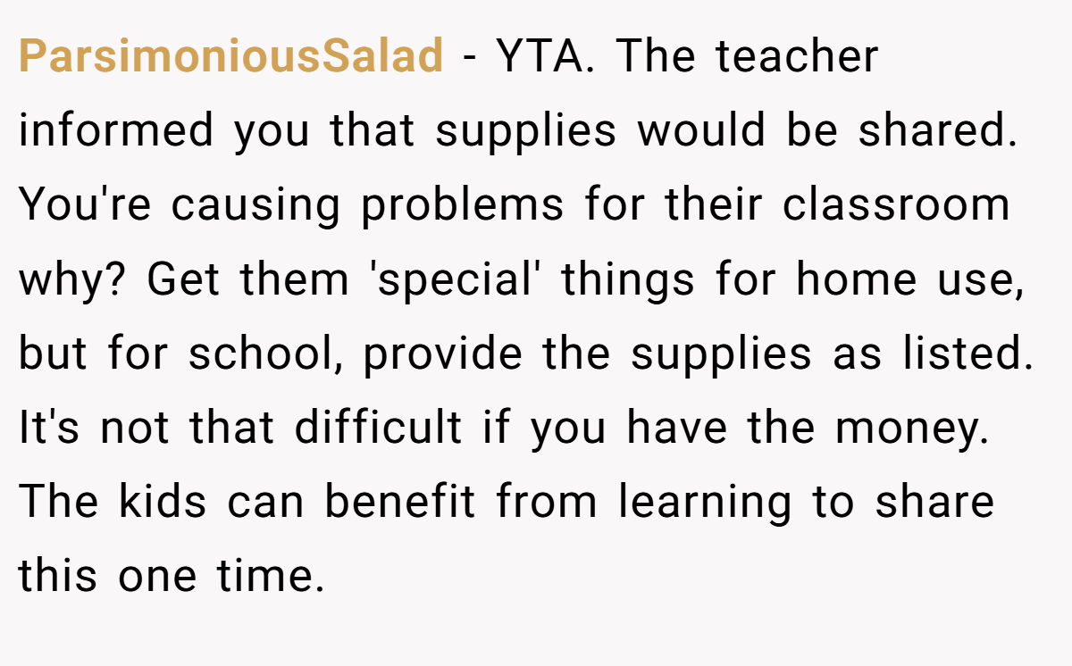 ParsimoniousSalad − YTA. The teacher informed you that supplies would be shared. You're causing problems for their classroom why? Get them 'special' things for home use, but for school, provide the supplies as listed. It's not that difficult if you have the money. The kids can benefit from learning to share this one time.