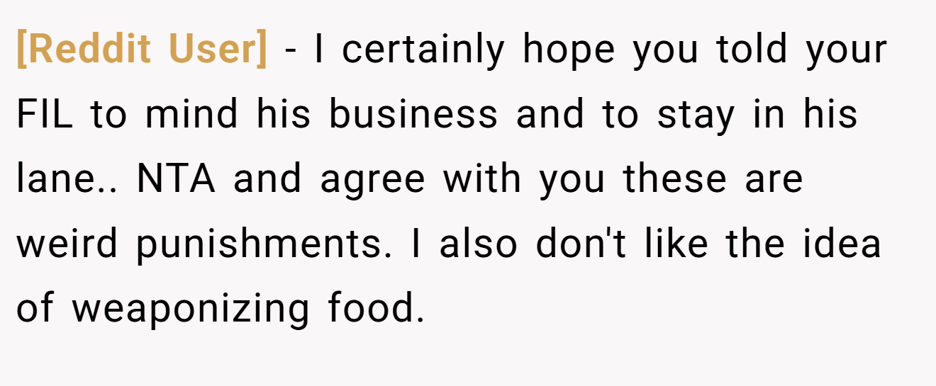 [Reddit User] - I certainly hope you told your FIL to mind his business and to stay in his lane.. NTA and agree with you these are weird punishments. I also don't like the idea of weaponizing food.