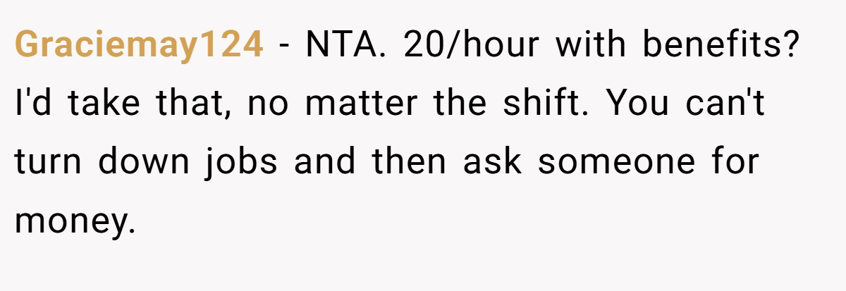 Graciemay124 − NTA. 20/hour with benefits? I'd take that, no matter the shift. You can't turn down jobs and then ask someone for money.