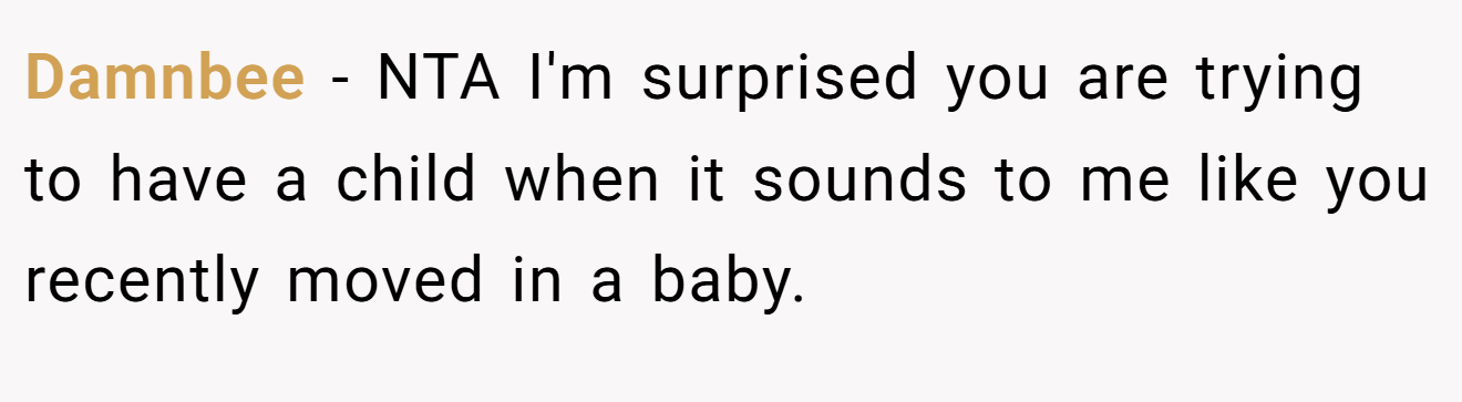 Damnbee - NTA I'm surprised you are trying to have a child when it sounds to me like you recently moved in a baby.