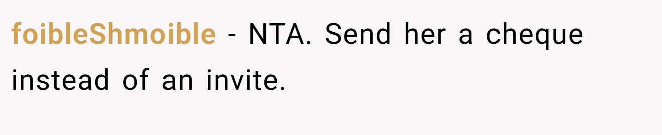 foibleShmoible - NTA. Send her a cheque instead of an invite.