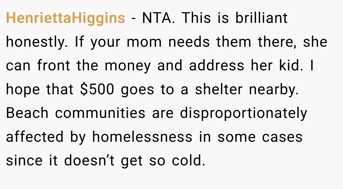 HenriettaHiggins - NTA. This is brilliant honestly. If your mom needs them there, she can front the money and address her kid. I hope that $500 goes to a shelter nearby. Beach communities are disproportionately affected by homelessness in some cases since it doesn’t get so cold.