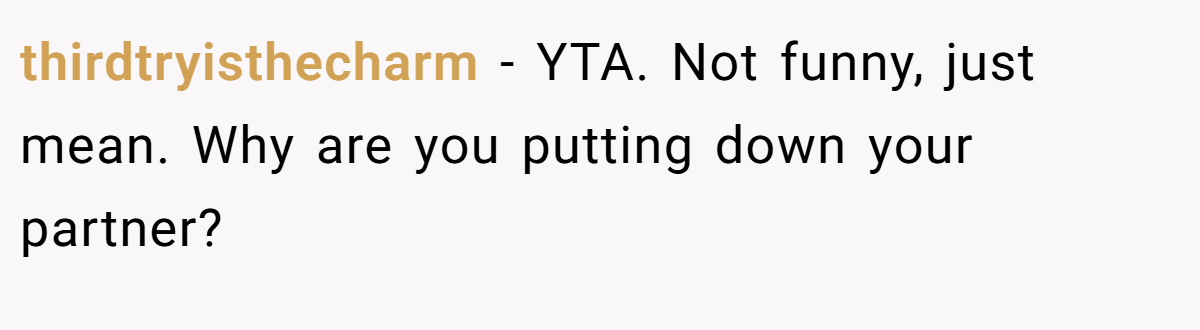 thirdtryisthecharm − YTA. Not funny, just mean. Why are you putting down your partner?