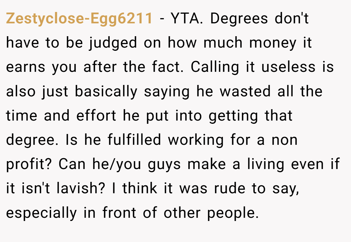 Zestyclose-Egg6211 − YTA. Degrees don't have to be judged on how much money it earns you after the fact. Calling it useless is also just basically saying he wasted all the time and effort he put into getting that degree. Is he fulfilled working for a non profit? Can he/you guys make a living even if it isn't lavish? I think it was rude to say, especially in front of other people.