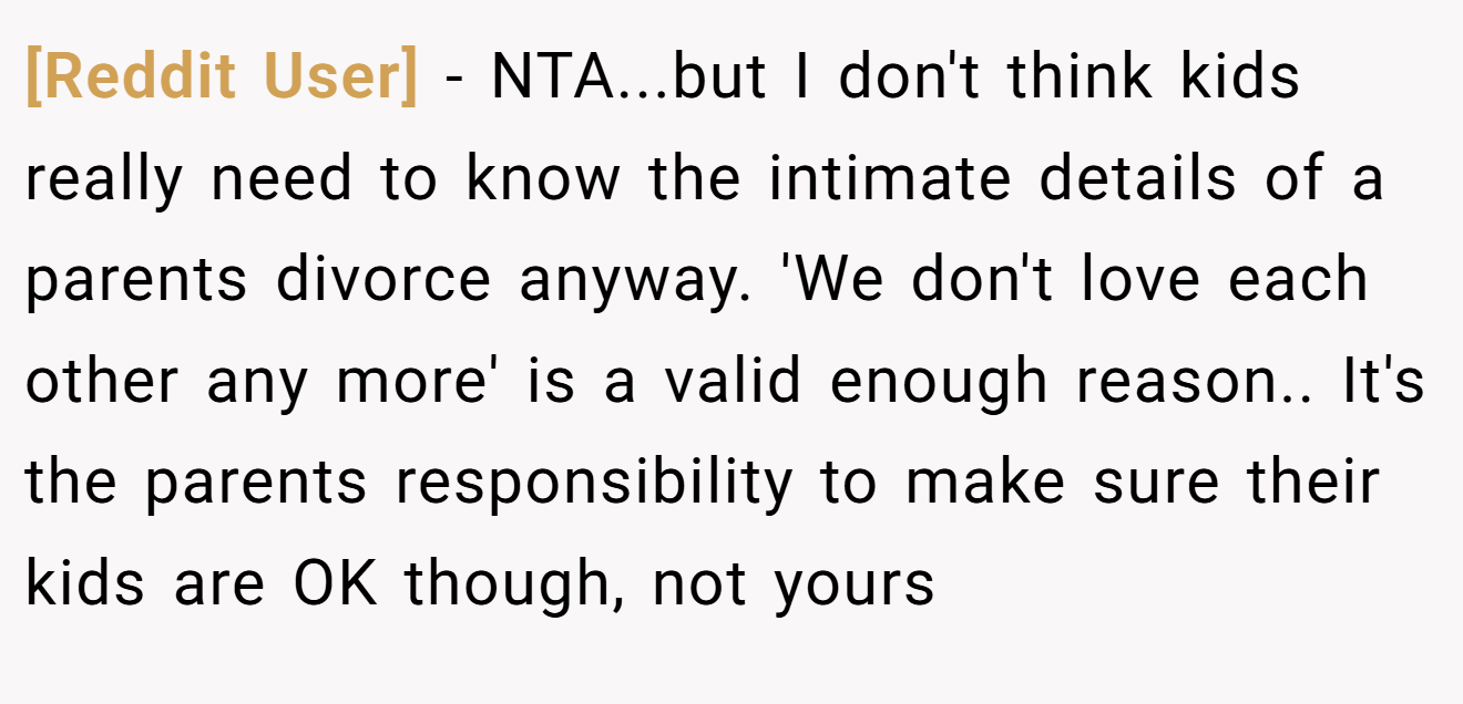 [Reddit User] - NTA...but I don't think kids really need to know the intimate details of a parents divorce anyway. 'We don't love each other any more' is a valid enough reason.. It's the parents responsibility to make sure their kids are OK though, not yours