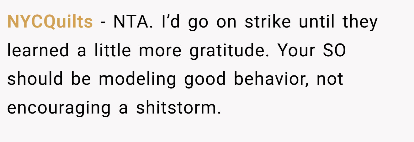 NYCQuilts − NTA. I’d go on strike until they learned a little more gratitude. Your SO should be modeling good behavior, not encouraging a shitstorm.