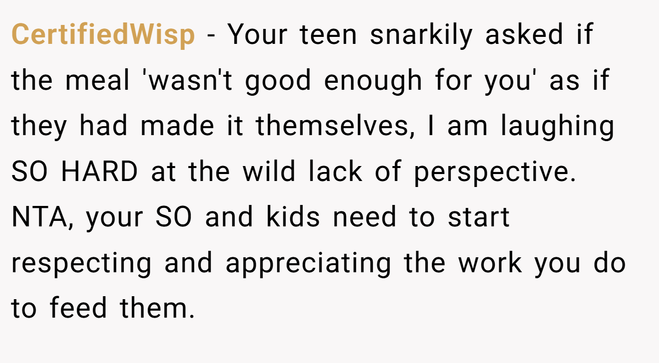 CertifiedWisp − Your teen snarkily asked if the meal 'wasn't good enough for you' as if they had made it themselves, I am laughing SO HARD at the wild lack of perspective. NTA, your SO and kids need to start respecting and appreciating the work you do to feed them.
