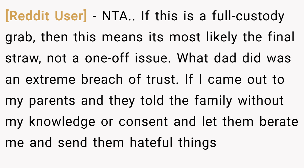 [Reddit User] − NTA.. If this is a full-custody grab, then this means its most likely the final straw, not a one-off issue. What dad did was an extreme breach of trust. If I came out to my parents and they told the family without my knowledge or consent and let them berate me and send them hateful things