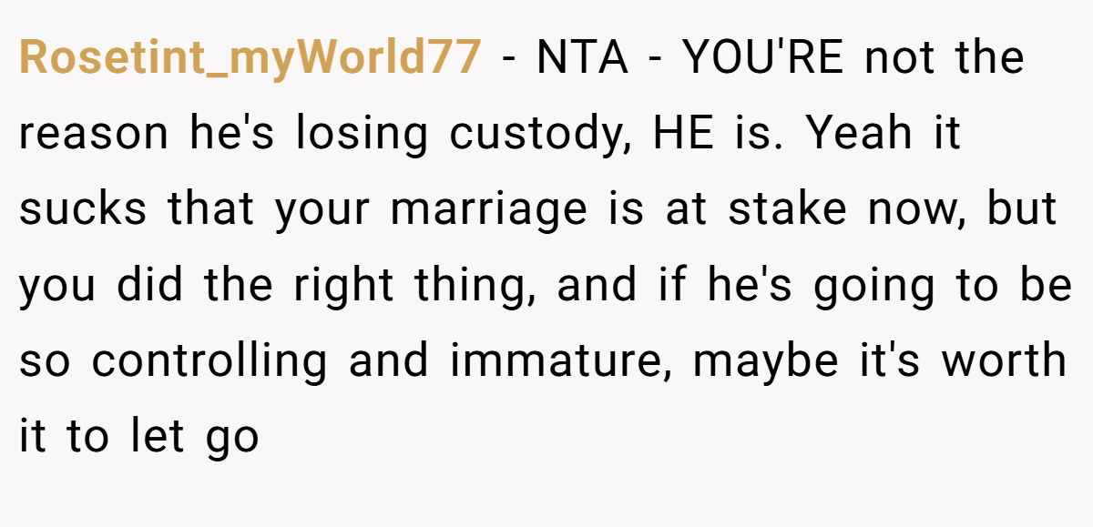 Rosetint_myWorld77 − NTA - YOU'RE not the reason he's losing custody, HE is. Yeah it sucks that your marriage is at stake now, but you did the right thing, and if he's going to be so controlling and immature, maybe it's worth it to let go