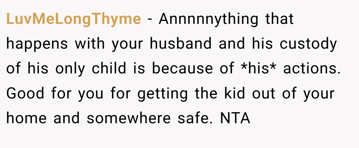LuvMeLongThyme − Annnnnything that happens with your husband and his custody of his only child is because of *his* actions. Good for you for getting the kid out of your home and somewhere safe. NTA