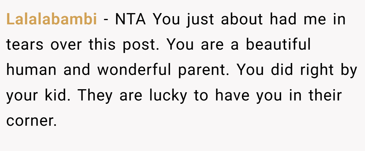 Lalalabambi − NTA You just about had me in tears over this post. You are a beautiful human and wonderful parent. You did right by your kid. They are lucky to have you in their corner.