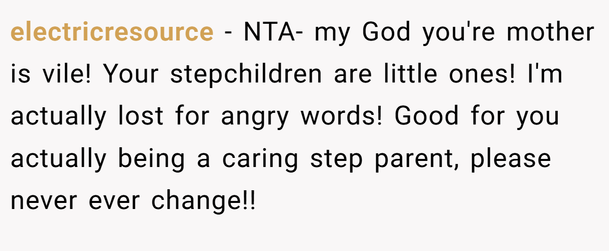 electricresource - NTA- my God you're mother is vile! Your stepchildren are little ones! I'm actually lost for angry words! Good for you actually being a caring step parent, please never ever change!!