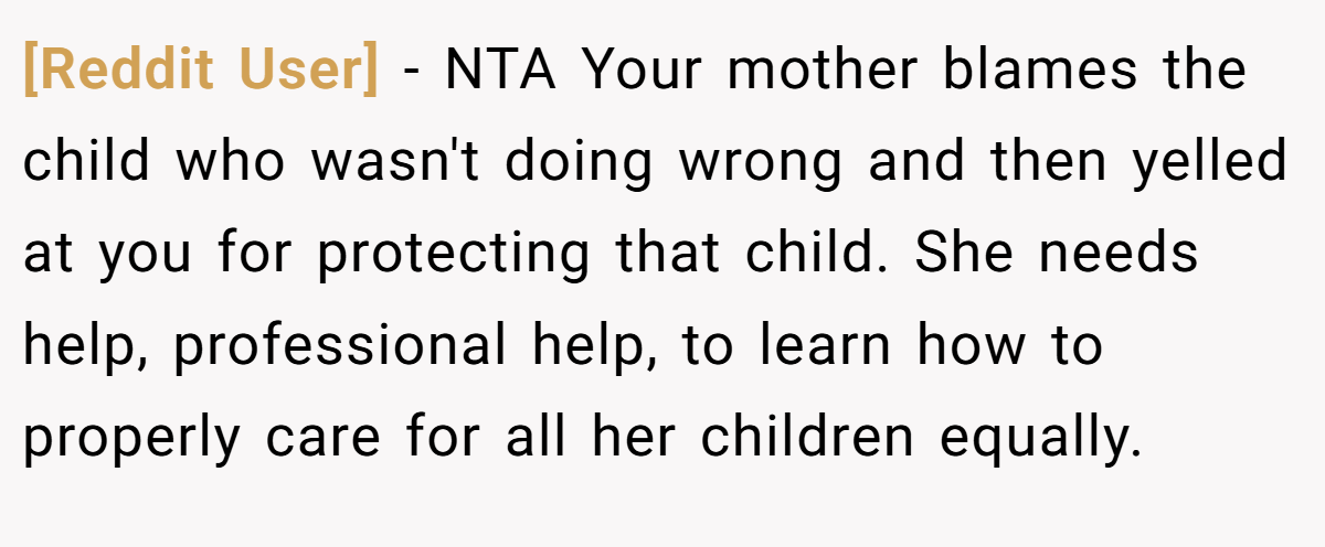 [Reddit User] − NTA Your mother blames the child who wasn't doing wrong and then yelled at you for protecting that child. She needs help, professional help, to learn how to properly care for all her children equally.
