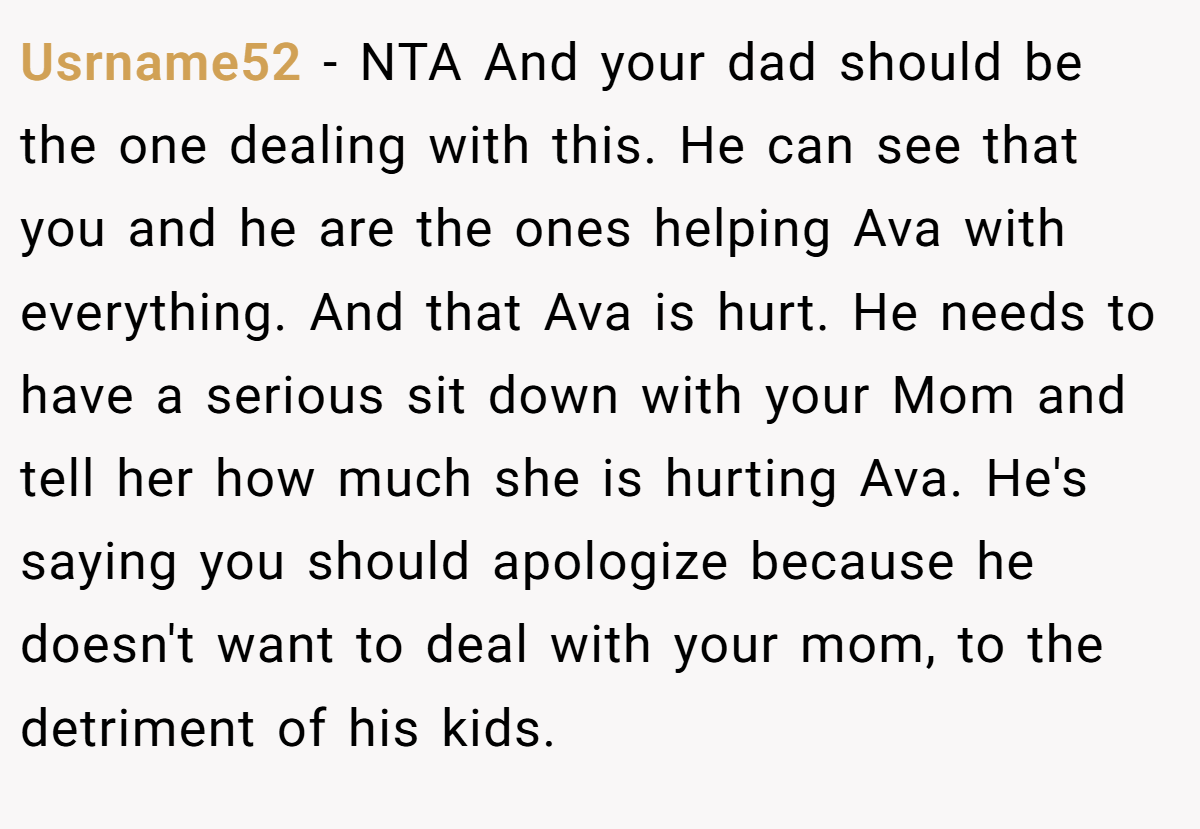 Usrname52 − NTA And your dad should be the one dealing with this. He can see that you and he are the ones helping Ava with everything. And that Ava is hurt. He needs to have a serious sit down with your Mom and tell her how much she is hurting Ava. He's saying you should apologize because he doesn't want to deal with your mom, to the detriment of his kids.