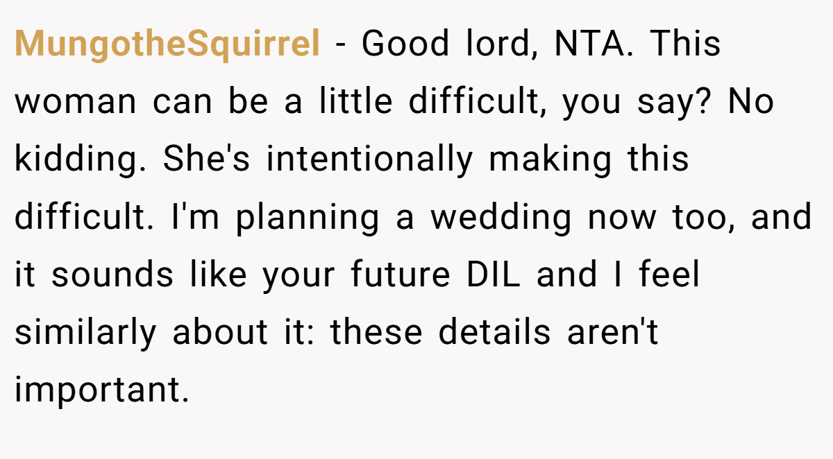 MungotheSquirrel − Good lord, NTA. This woman can be a little difficult, you say? No kidding. She's intentionally making this difficult. I'm planning a wedding now too, and it sounds like your future DIL and I feel similarly about it: these details aren't important.
