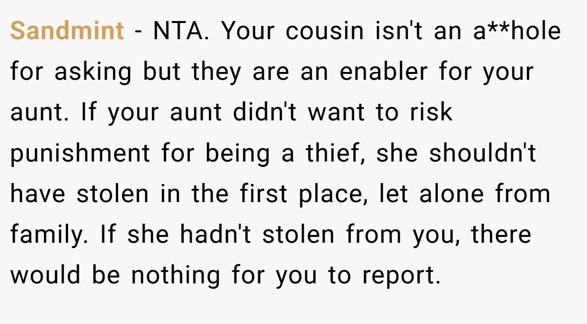 Sandmint − NTA. Your cousin isn't an a**hole for asking but they are an enabler for your aunt. If your aunt didn't want to risk punishment for being a thief, she shouldn't have stolen in the first place, let alone from family. If she hadn't stolen from you, there would be nothing for you to report.