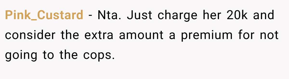 Pink_Custard − Nta. Just charge her 20k and consider the extra amount a premium for not going to the cops.