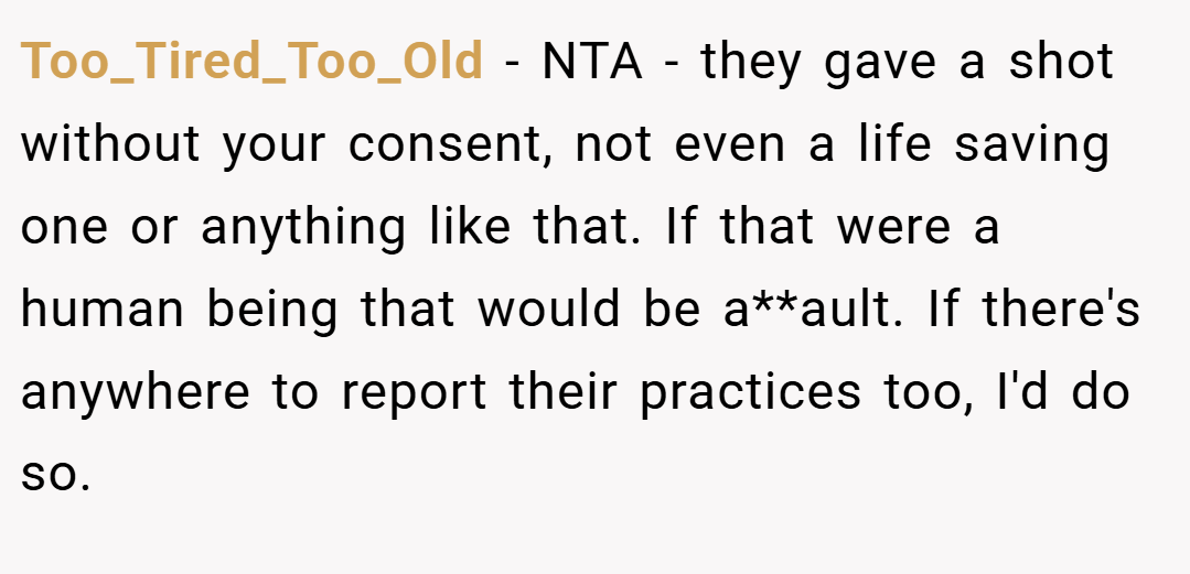 Too_Tired_Too_Old − NTA - they gave a shot without your consent, not even a life saving one or anything like that. If that were a human being that would be a**ault. If there's anywhere to report their practices too, I'd do so.