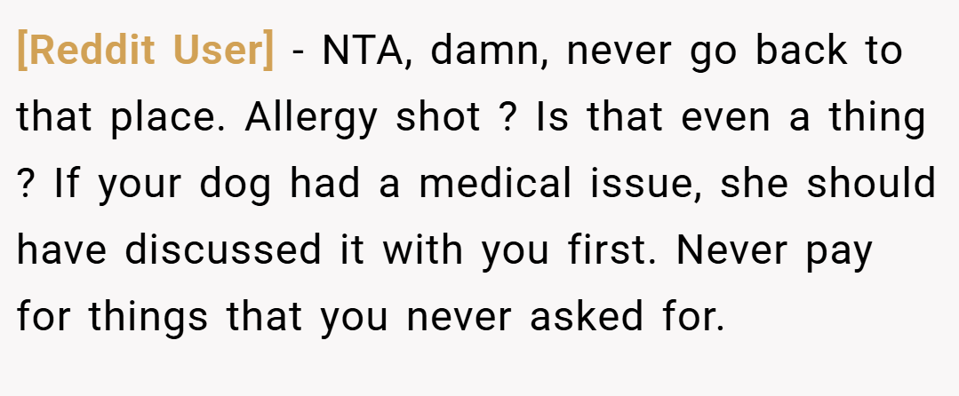 [Reddit User] − NTA, damn, never go back to that place. Allergy shot ? Is that even a thing ? If your dog had a medical issue, she should have discussed it with you first. Never pay for things that you never asked for.