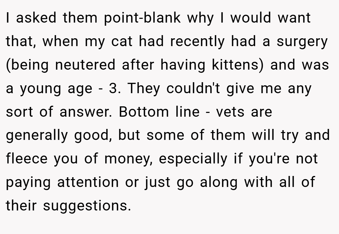 I asked them point-blank why I would want that, when my cat had recently had a surgery (being neutered after having kittens) and was a young age - 3. They couldn't give me any sort of answer. Bottom line - vets are generally good, but some of them will try and fleece you of money, especially if you're not paying attention or just go along with all of their suggestions.