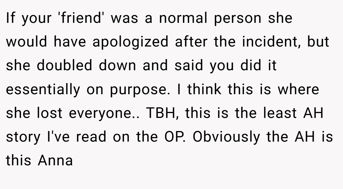 If your 'friend' was a normal person she would have apologized after the incident, but she doubled down and said you did it essentially on purpose. I think this is where she lost everyone.. TBH, this is the least AH story I've read on the OP. Obviously the AH is this Anna
