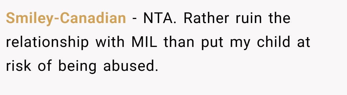 Smiley-Canadian − NTA. Rather ruin the relationship with MIL than put my child at risk of being abused.