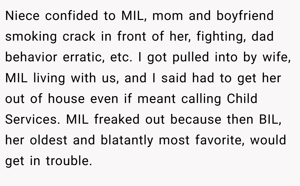 Niece confided to MIL, mom and boyfriend smoking crack in front of her, fighting, dad behavior erratic, etc. I got pulled into by wife, MIL living with us, and I said had to get her out of house even if meant calling Child Services. MIL freaked out because then BIL, her oldest and blatantly most favorite, would get in trouble.