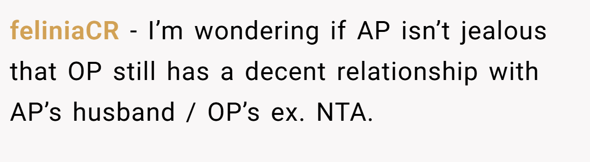 feliniaCR − I’m wondering if AP isn’t jealous that OP still has a decent relationship with AP’s husband / OP’s ex. NTA.