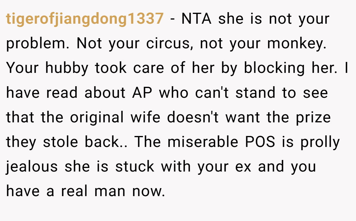 tigerofjiangdong1337 − NTA she is not your problem. Not your circus, not your monkey. Your hubby took care of her by blocking her. I have read about AP who can't stand to see that the original wife doesn't want the prize they stole back.. The miserable POS is prolly jealous she is stuck with your ex and you have a real man now.