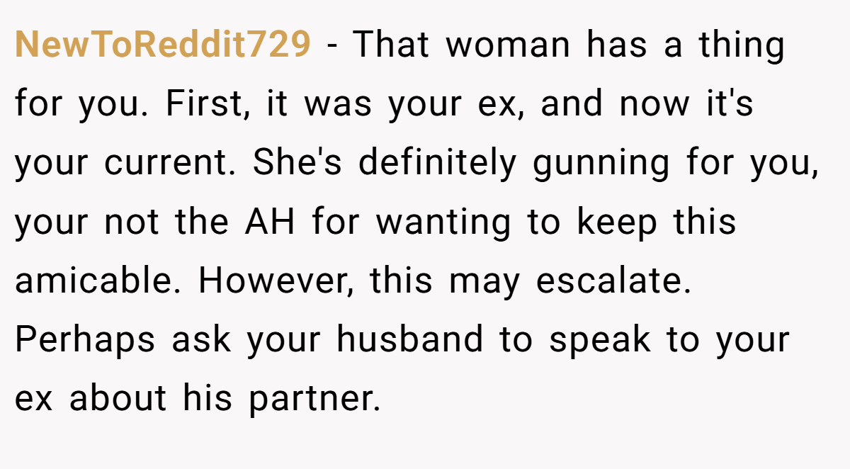 NewToReddit729 − That woman has a thing for you. First, it was your ex, and now it's your current. She's definitely gunning for you, your not the AH for wanting to keep this amicable. However, this may escalate. Perhaps ask your husband to speak to your ex about his partner.
