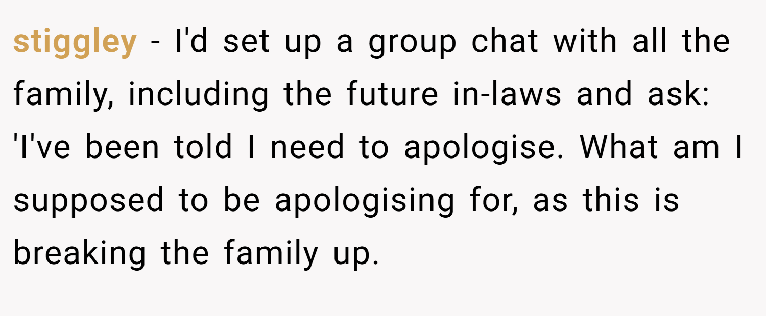stiggley − I'd set up a group chat with all the family, including the future in-laws and ask: 'I've been told I need to apologise. What am I supposed to be apologising for, as this is breaking the family up.