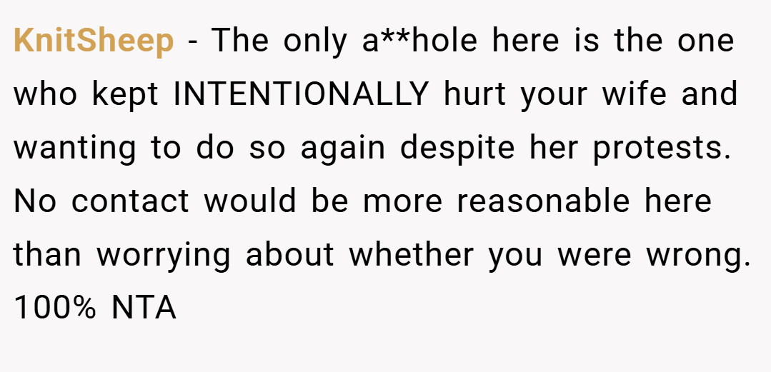 KnitSheep − The only a**hole here is the one who kept INTENTIONALLY hurt your wife and wanting to do so again despite her protests. No contact would be more reasonable here than worrying about whether you were wrong. 100% NTA