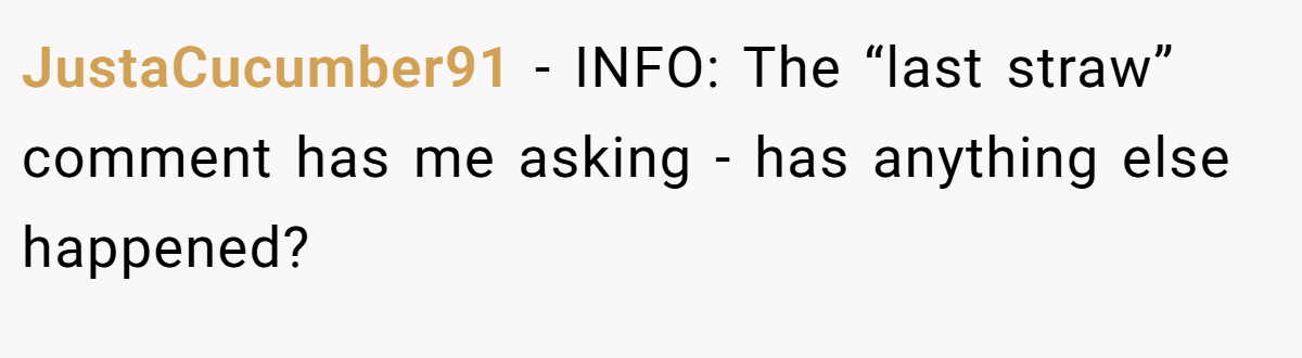 JustaCucumber91 − INFO: The “last straw” comment has me asking - has anything else happened?