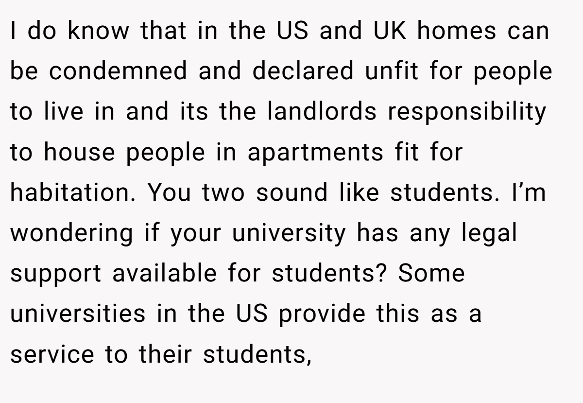 I do know that in the US and UK homes can be condemned and declared unfit for people to live in and its the landlords responsibility to house people in apartments fit for habitation. You two sound like students. I’m wondering if your university has any legal support available for students? Some universities in the US provide this as a service to their students,