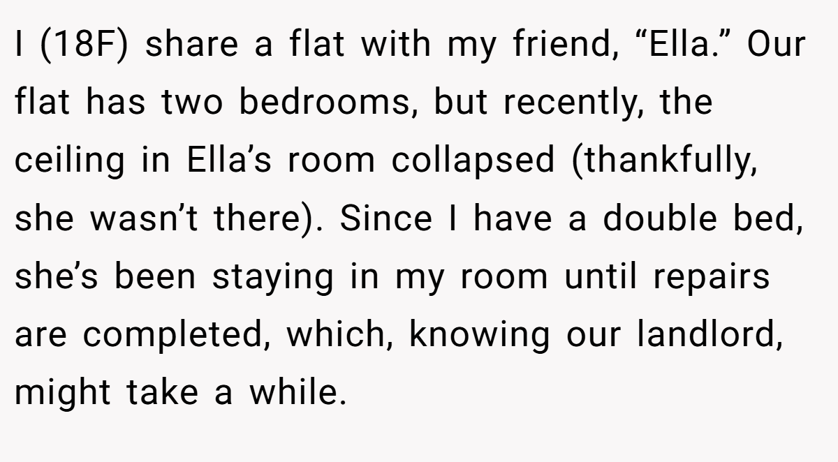 I (18F) share a flat with my friend, “Ella.” Our flat has two bedrooms, but recently, the ceiling in Ella’s room collapsed (thankfully, she wasn’t there). Since I have a double bed, she’s been staying in my room until repairs are completed, which, knowing our landlord, might take a while.