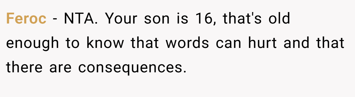 Feroc − NTA. Your son is 16, that's old enough to know that words can hurt and that there are consequences.
