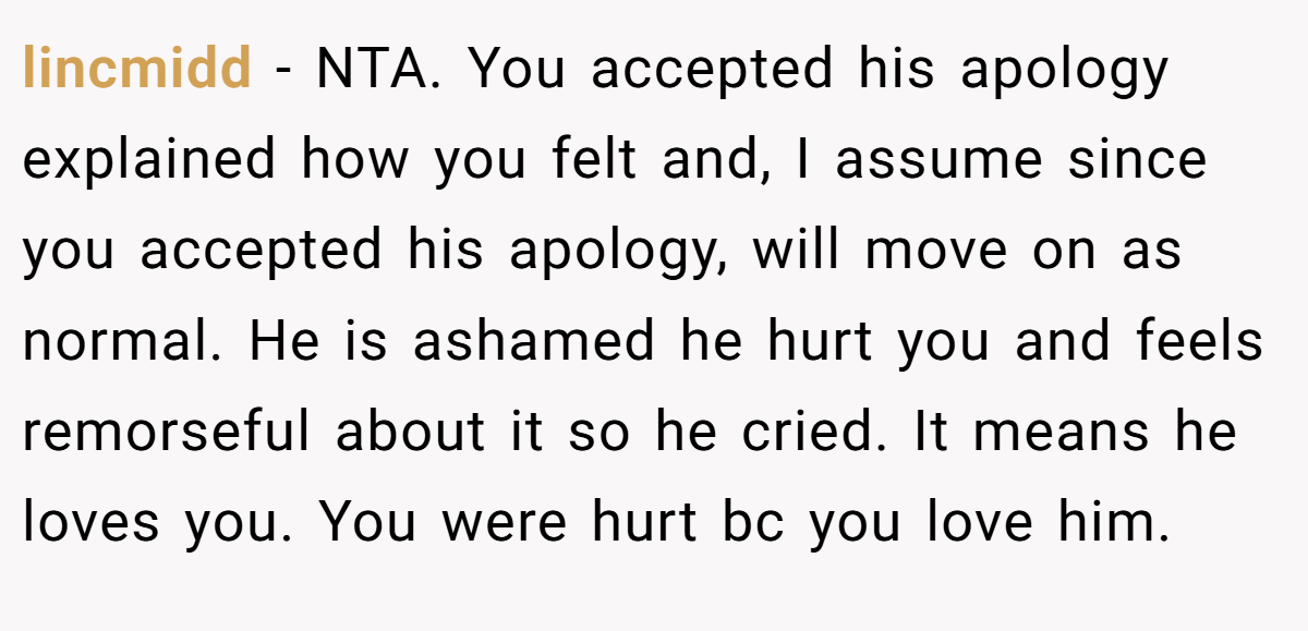 lincmidd − NTA. You accepted his apology explained how you felt and, I assume since you accepted his apology, will move on as normal. He is ashamed he hurt you and feels remorseful about it so he cried. It means he loves you. You were hurt bc you love him.