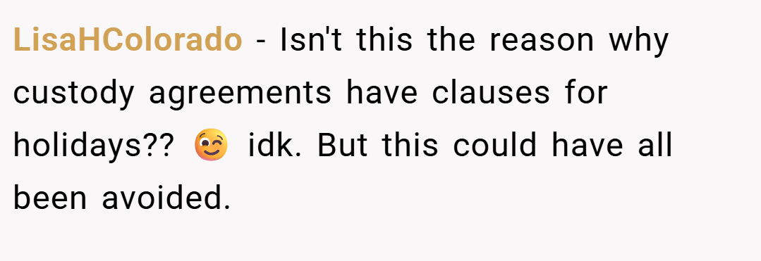 LisaHColorado − Isn't this the reason why custody agreements have clauses for holidays?? 😉 idk. But this could have all been avoided.