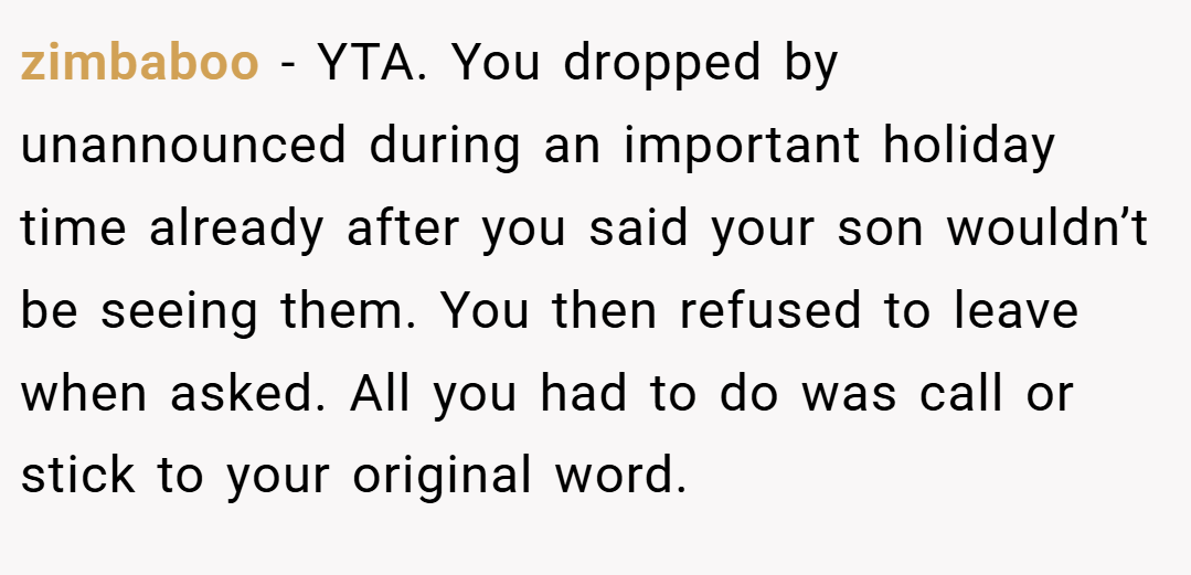 zimbaboo − YTA. You dropped by unannounced during an important holiday time already after you said your son wouldn’t be seeing them. You then refused to leave when asked. All you had to do was call or stick to your original word.