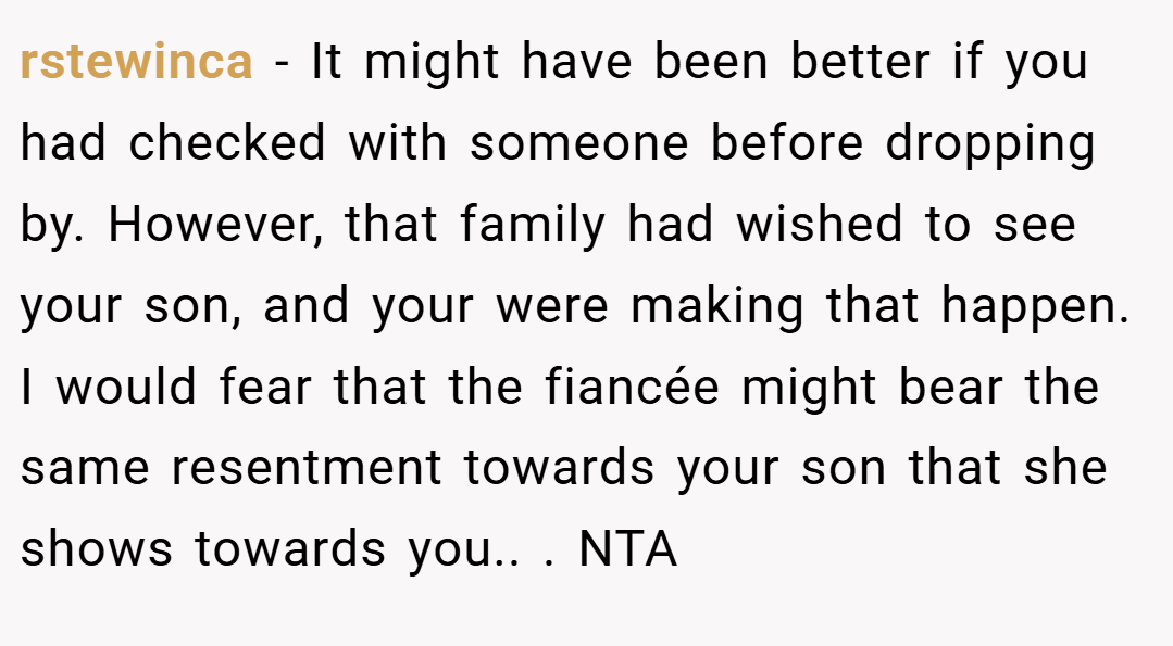 rstewinca − It might have been better if you had checked with someone before dropping by. However, that family had wished to see your son, and your were making that happen. I would fear that the fiancée might bear the same resentment towards your son that she shows towards you.. ​. NTA
