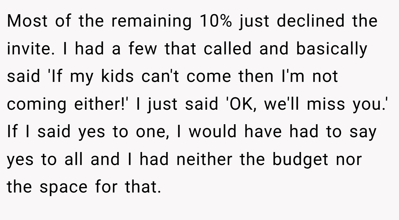 Most of the remaining 10% just declined the invite. I had a few that called and basically said 'If my kids can't come then I'm not coming either!' I just said 'OK, we'll miss you.' If I said yes to one, I would have had to say yes to all and I had neither the budget nor the space for that.