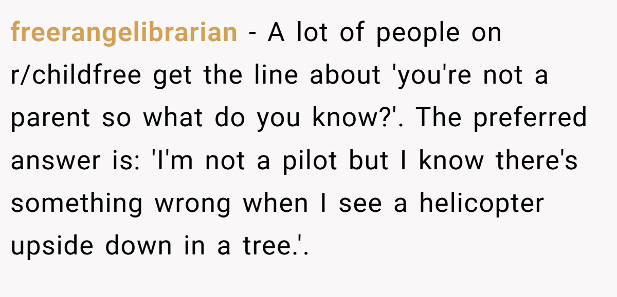 freerangelibrarian - A lot of people on r/childfree get the line about 'you're not a parent so what do you know?'. The preferred answer is: 'I'm not a pilot but I know there's something wrong when I see a helicopter upside down in a tree.'.