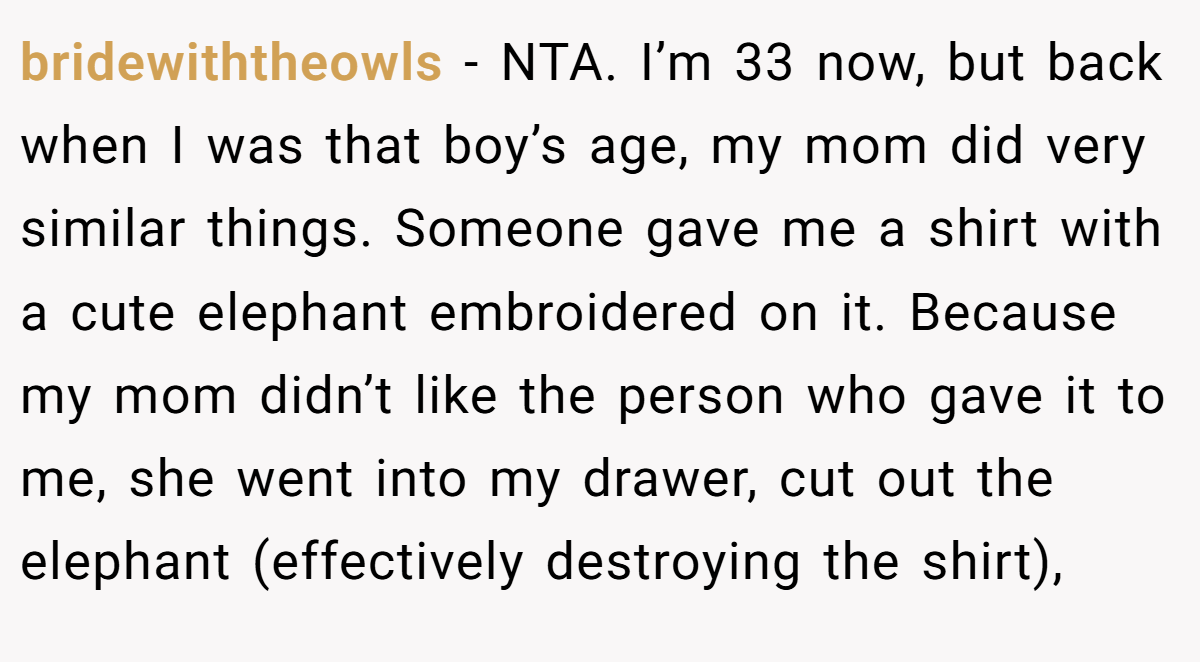 bridewiththeowls - NTA. I’m 33 now, but back when I was that boy’s age, my mom did very similar things. Someone gave me a shirt with a cute elephant embroidered on it. Because my mom didn’t like the person who gave it to me, she went into my drawer, cut out the elephant (effectively destroying the shirt),