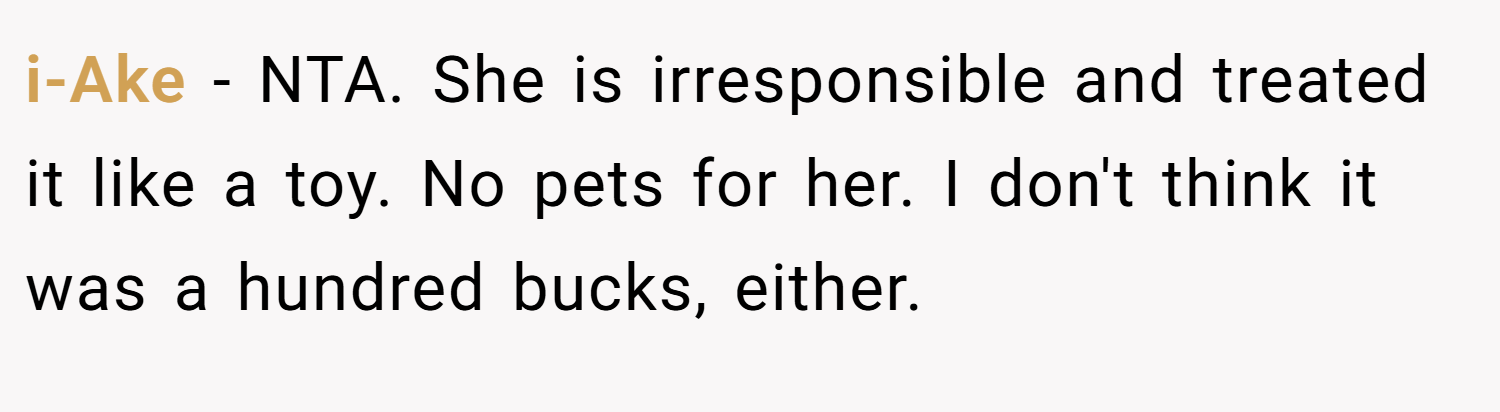 i-Ake − NTA. She is irresponsible and treated it like a toy. No pets for her. I don't think it was a hundred bucks, either.